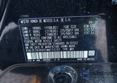 2021 Honda Hr-V Awd Ex from USA, damaged, VIN 3CZRU6H55MM742292